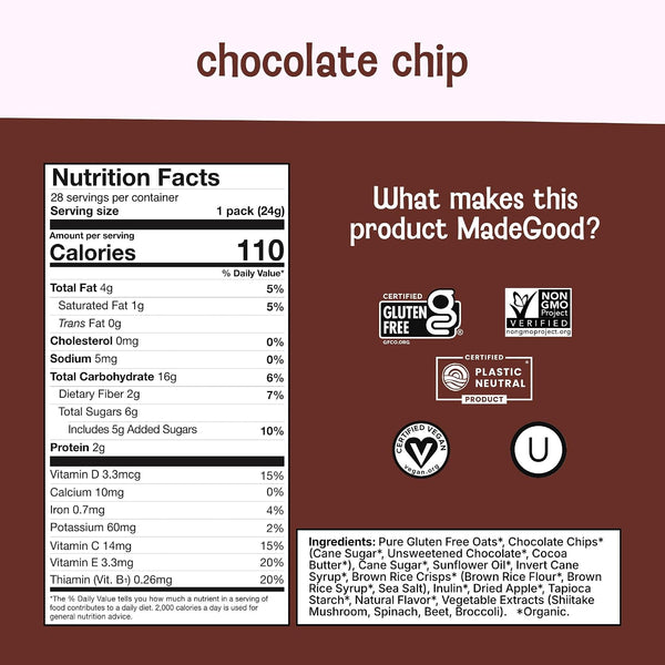 Organic and Gluten-Free Chocolate Chip Granola Bites, 28 Count, Individually Wrapped Snacks