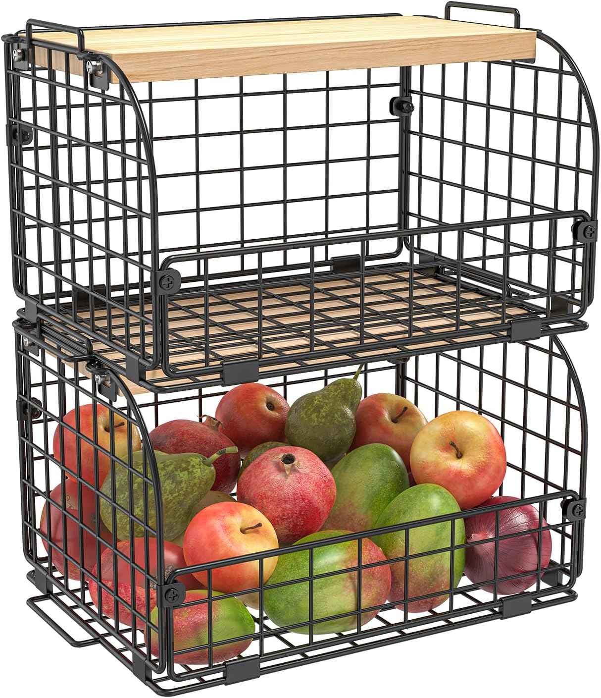 2 Set Stackable Wire Basket with Openable Top, Kitchen Counter, Pantry Organizer and Storage Produce Onion Potato Fruits Vegs Bread Food Snack Spice Organizing Bin for Cabinet Shelf Countertop Floor