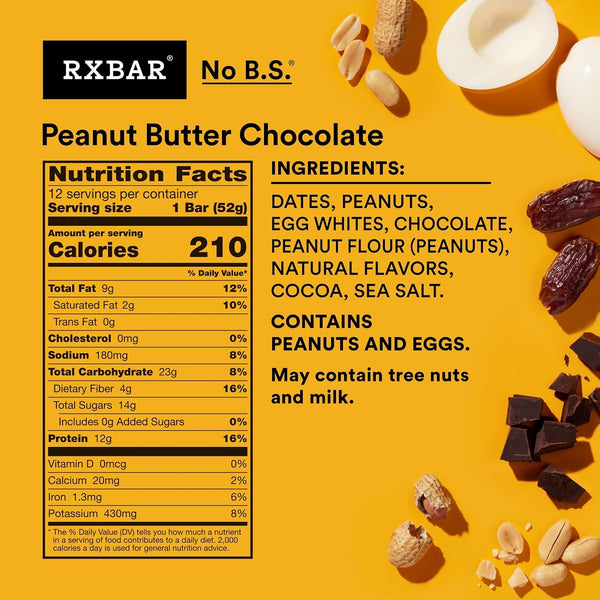 RXBAR Protein Bars, 12 Count, Peanut Butter Chocolate, 22oz Box, Gluten Free