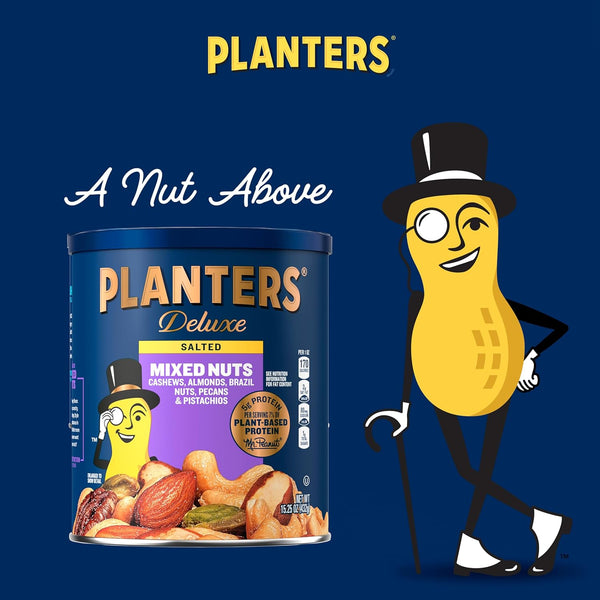 PLANTERS Deluxe Mixed Nuts, 15.25oz Canister, Plant-Based Protein, Quick Snack