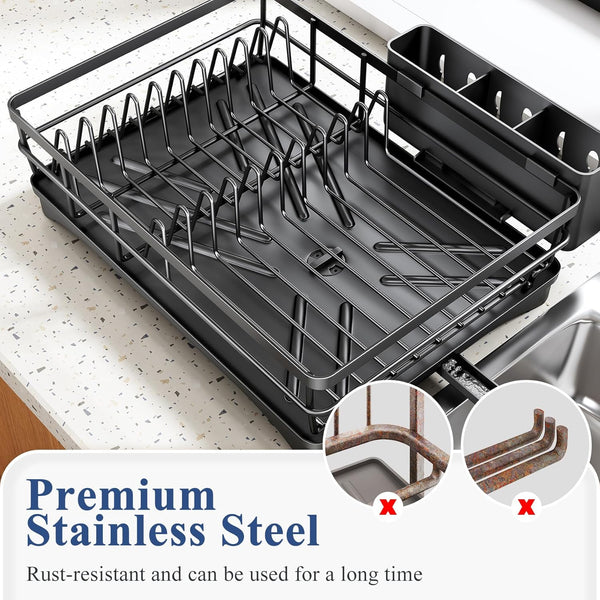 Large capacity dish drying rack for kitchen counter with utensil holder and efficient drainage