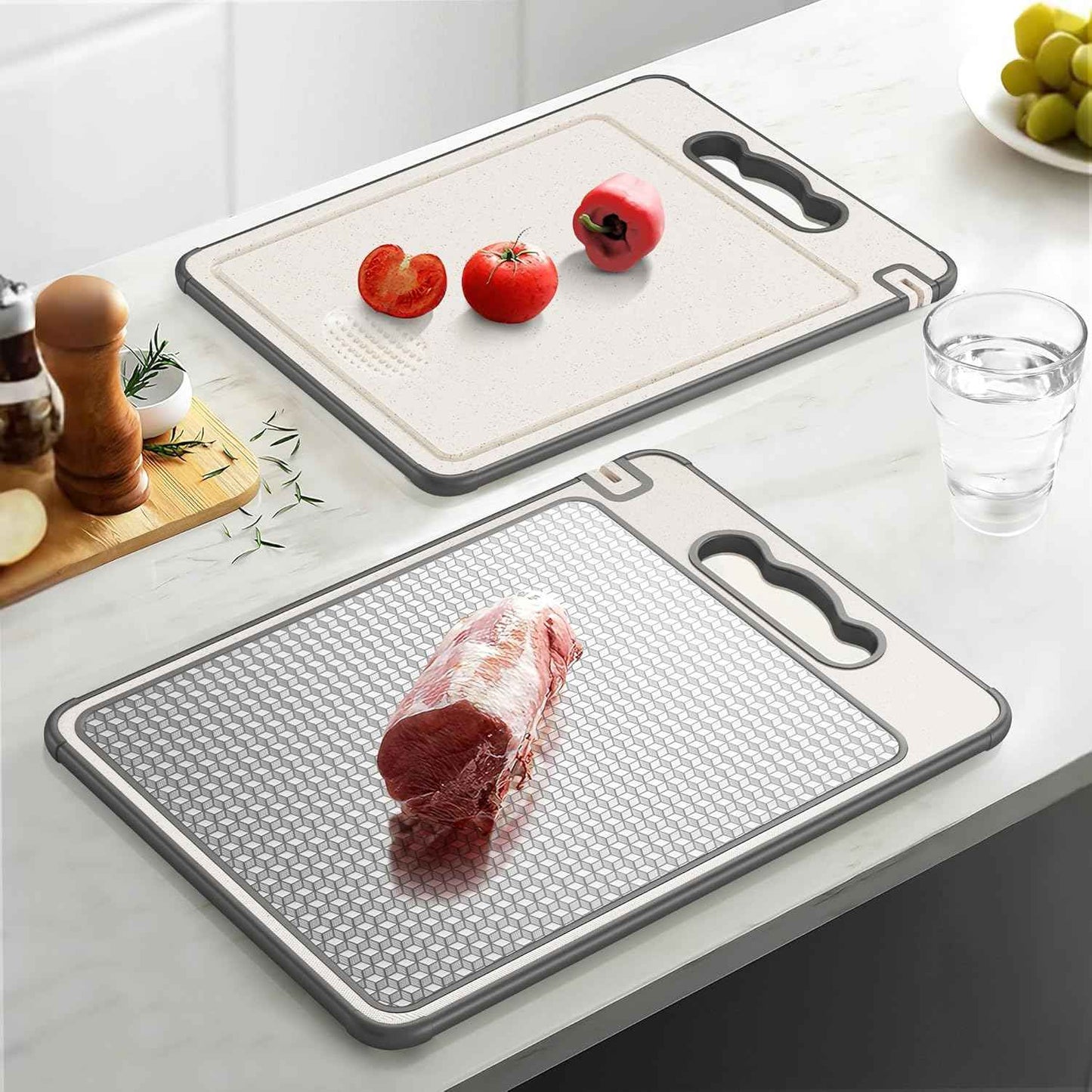 Double Sided 304 Stainless Steel & Wheat Straw Cutting Board, 14.4"*9.8" Non Toxic Chopping Board, Separately Handle Meat and Vegetables, Dishwasher Safe, Scratch Resistant Mesh Design