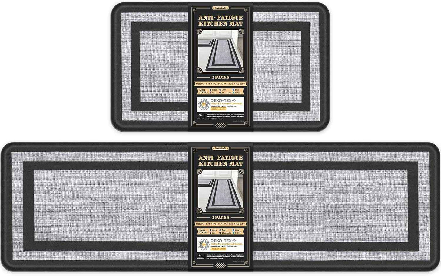 Mattitude Kitchen Mats Set of 2，Cushioned Anti-Fatigue Non-Skid Rug Sets Ergonomic Comfort Standing Mat for Kitchen, Floor, Office, Sink, Laundry, Black and Gray