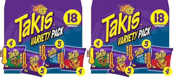Takis 18 pc / 1 oz Variety Pack, Assorted Flavored Rolled Corn Tortilla Chips