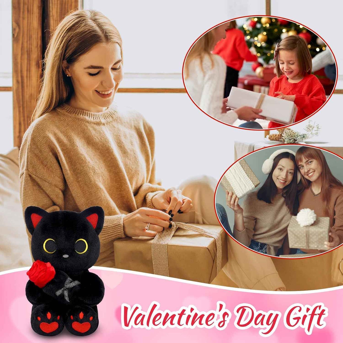 Black Cat Plush Holding Rose, 8 Inch Kawaii Valentines Plushies with Bow & Heart, Cute Plush Toy Soft Valentine's Day Gift for Her, Girlfriend, Wife, Kids