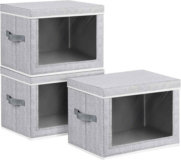 Storage Bins with Lids - Fabric Closet Storage Bins with Window, Collapsible Baskets for Shelves 4 Pack, Home Decorative Boxes for Clothes, Closet, Office, Grey