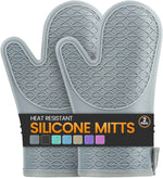 Grey Silicone Oven Mitts, Heat Resistant 2PCS with Soft Cotton Lining, Waterproof Grip, Kitchen Potholder, 12.5 Inch