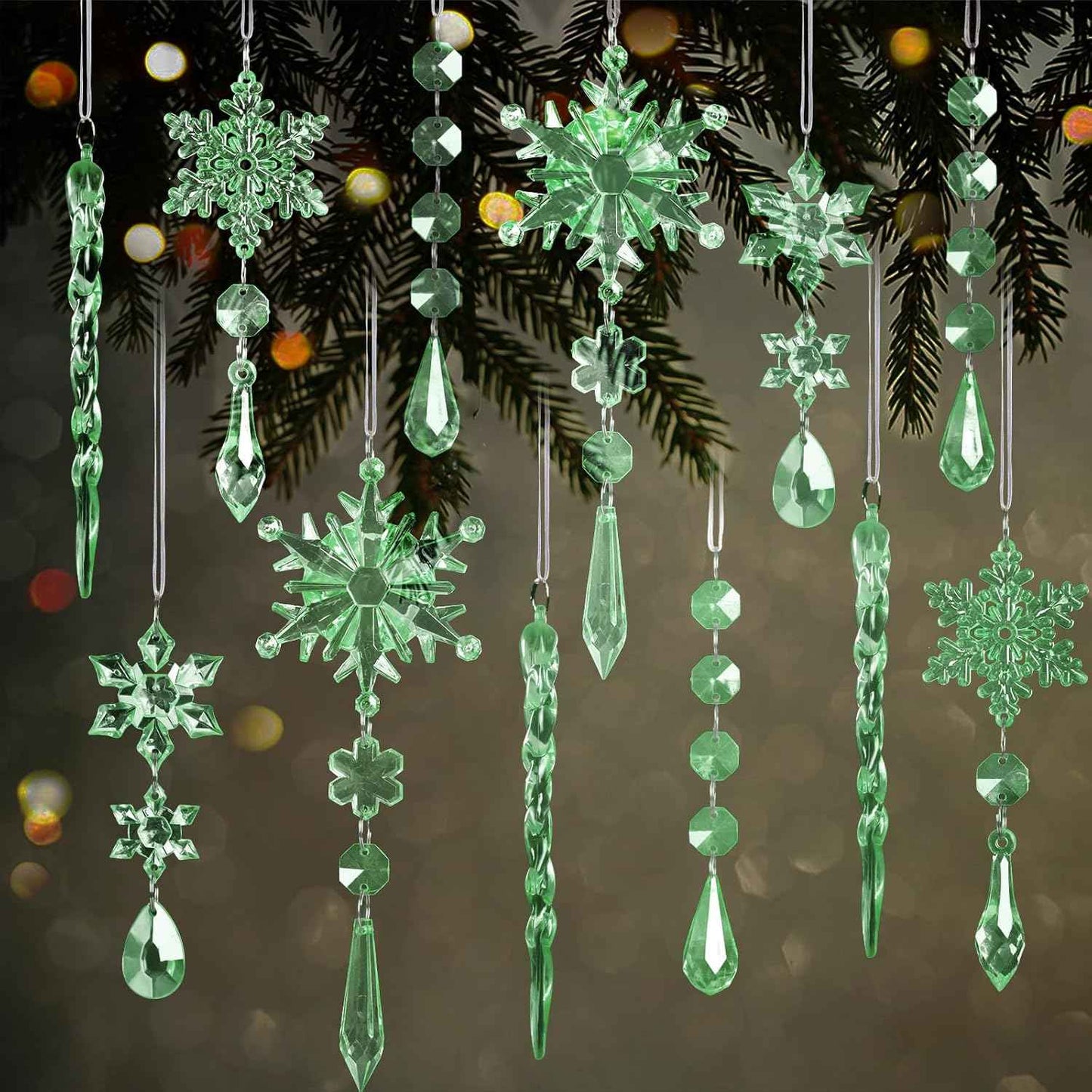 18pcs Crystal Christmas Ornaments for Tree Decorations-Hanging Acrylic Snowflake Icicle Ornaments with Drop Pendants for Winter Wonderland Chandelier Crystals Decorations Supplies