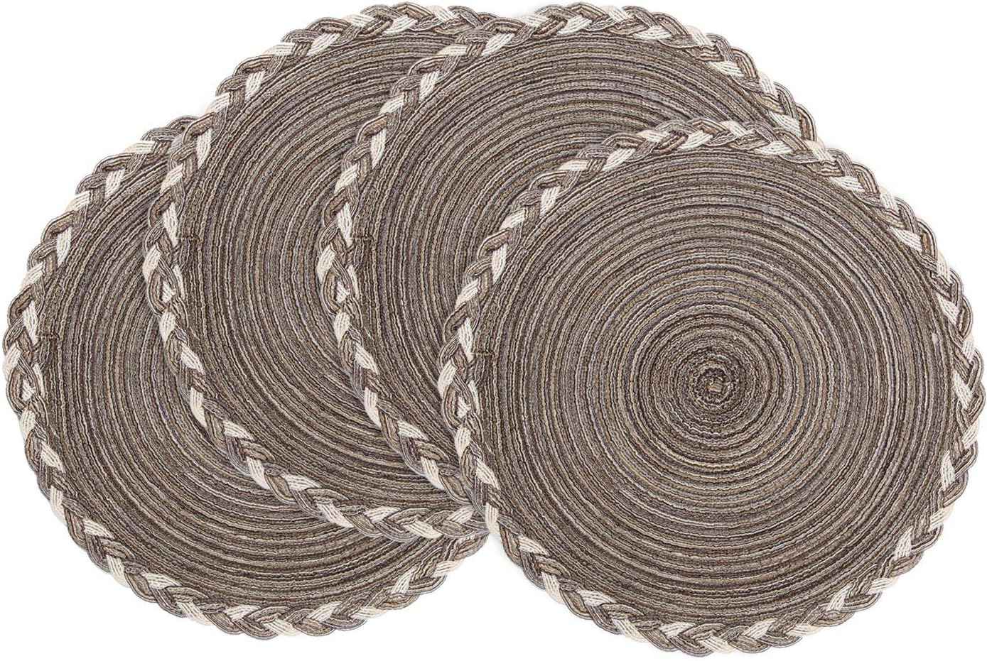SHACOS 15 inch Round Braided Placemats Set of 6 Non Slip Heat Resistant Cotton Polyester Table Mats Washable Place Mats for Kitchen Dining Party Table Decor (Beige, 6)