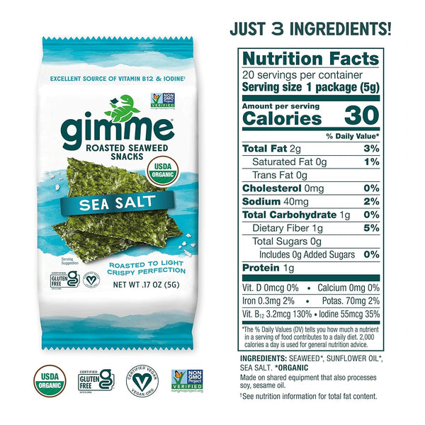 Gimme Seaweed Organic Roasted Seaweed Snacks, 20 Count, Sea Salt Flavor, Keto, Vegan, Gluten-Free