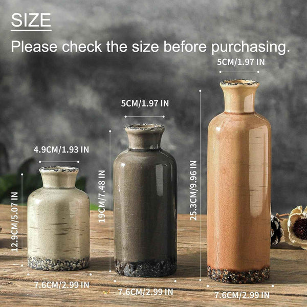 Ceramic Vase Set of 3, Neutral Flower Vases Home Decor, Pottery Rustic Farmhouse Decorative Vases Modern Decor for Table Mantel Entryway Bookshelf Living Room Kitchen Bedroom - Brown