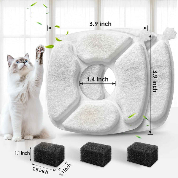 32 Pcs cat fountain replacement filters with 16 pack sponges for 95oz/2.8L, 135oz/4L, 67oz/2L pet drinking fountains