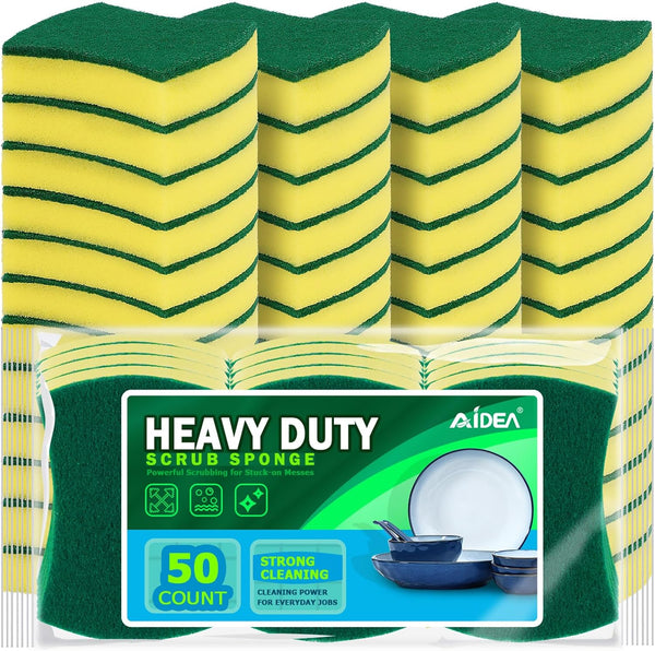 AIDEA Sponges Kitchen, 50 Pack Heavy Duty Dish Sponge, Cleaning Dish Scrubber for Home and Kitchen, Stink-Free Cleaning Supplies for Pots, Pans
