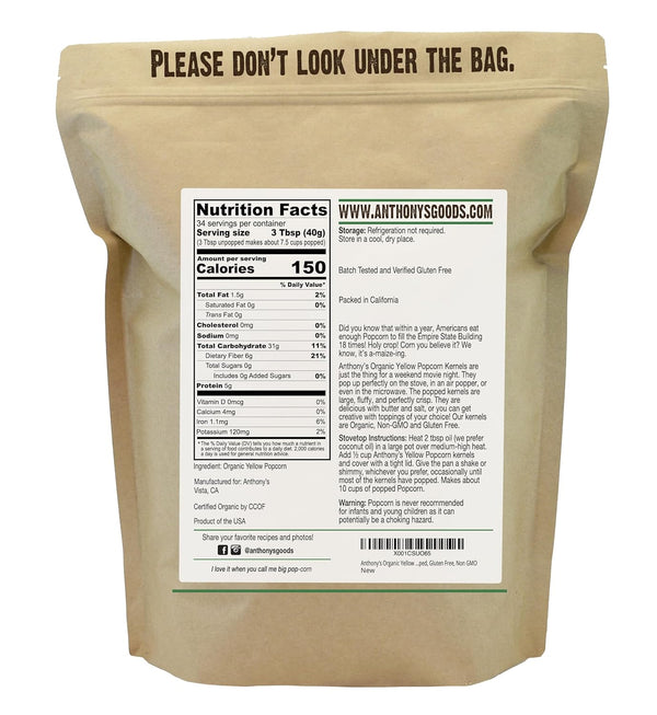 Anthony's Organic Yellow Popcorn Kernels, 3 lb, UnPopped, Gluten Free, Non GMO