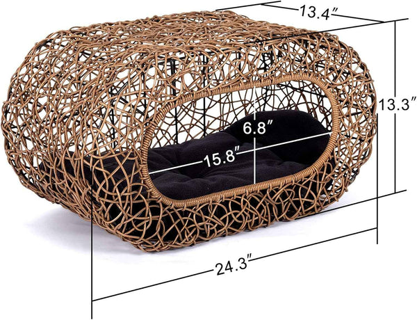 d+ garden cat hideaway house for indoor cats, faux rattan cat bed with top/side entry and enclosed space, 24.5 x 13.3 x 13.8 inches, pet friendly