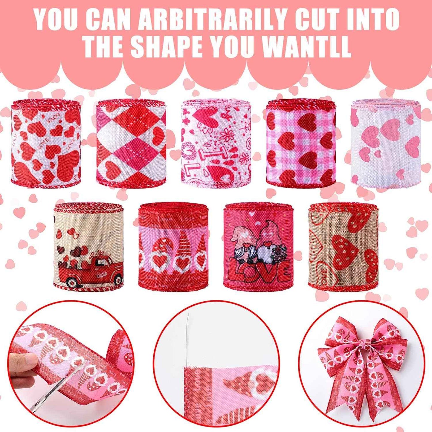 9 Rolls Valentines Wired Edge Ribbon Red Love Heart Truck Pattern Ribbons for Christmas Gift Wrap DIY Crafts Wedding Birthday Party Decoration Bow 2. 5 Inch