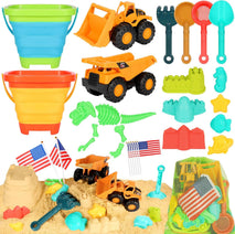 HUITEM Beach Sand Toys for Kids, 29PCS Sandbox Toys with 2 Collapsible Bucket Sand, 2 Dump Truck, Dinosaur Molds, Castle Building Kit, Shovel Sieve,Flags,Mesh Bag Travel Beach Toys for Toddler 3-10