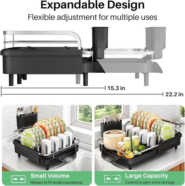 Expandable Dish Rack for Kitchen Counter with Utensil Holder and Raised Guardrail