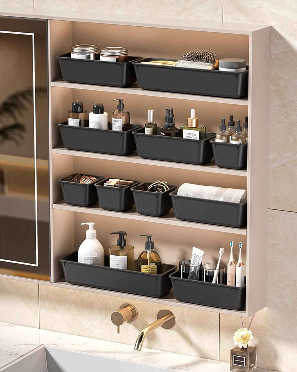 25-piece plastic drawer organizer set, 4 sizes, black, for makeup and desk storage