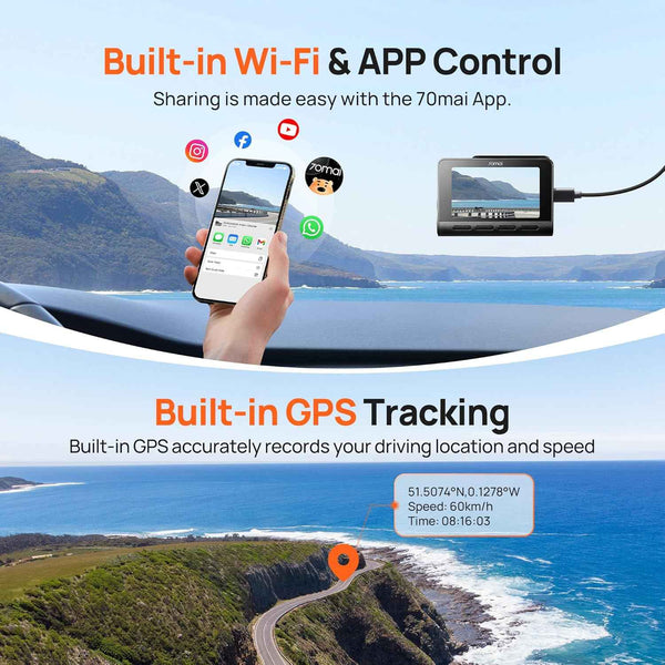 70mai 4K Dash Cam Front and Rear with STARVIS, Built in 5GHz WiFi & GPS Car Camera, Super Night Vision, ADAS, 3'' IPS Screen, 24H Parking Mode, Time-Lapse, Loop Recording, Support 256GB Max (A800S)
