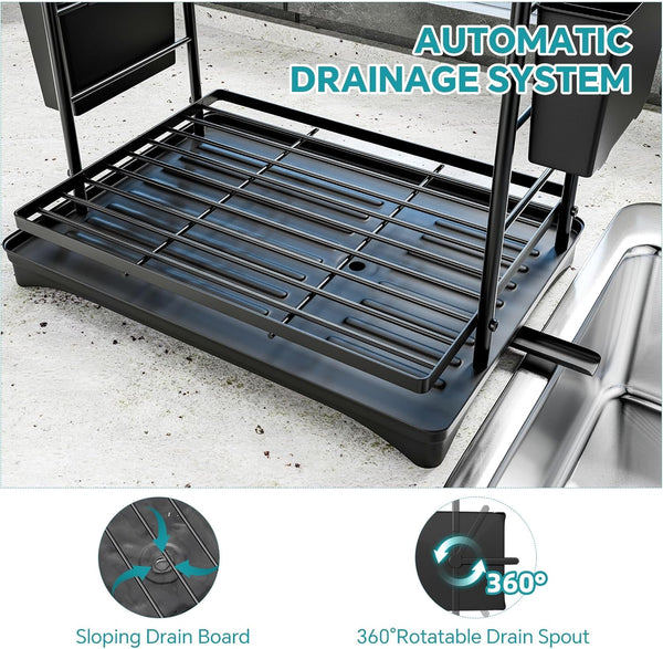 2-Tier Stainless Steel Dish Rack with Utensil Holder and Drainboard