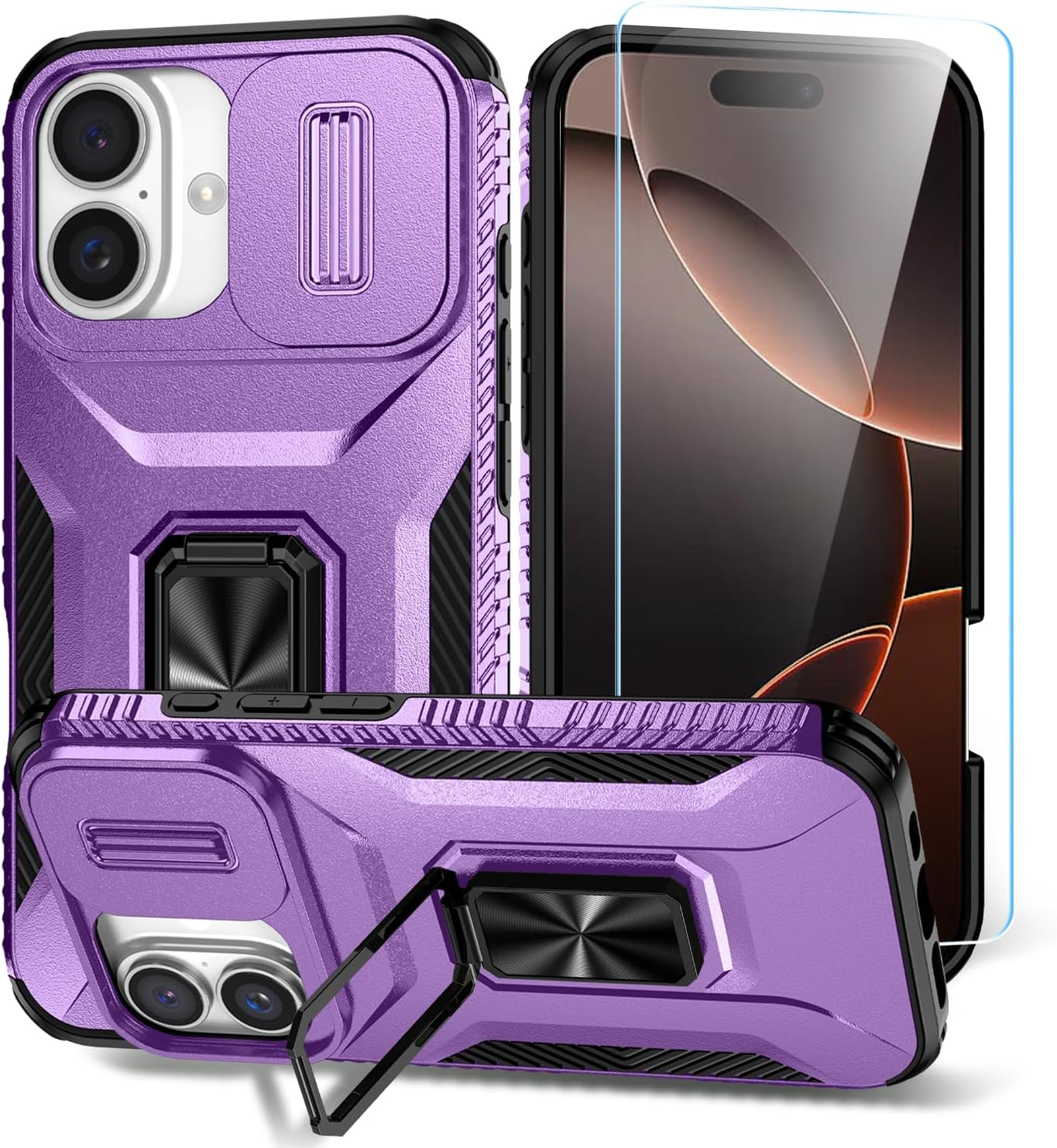 SunStory Phone Case for iPhone 16 6.1" with HD Screen Protector | Slide Camera Cover | Rotated Ring Kickstand | Military-Grade Protection | Red