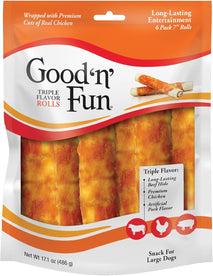 goodnfun triple flavor 7 inch rolls for dogs, 6 count, beef hide and chicken