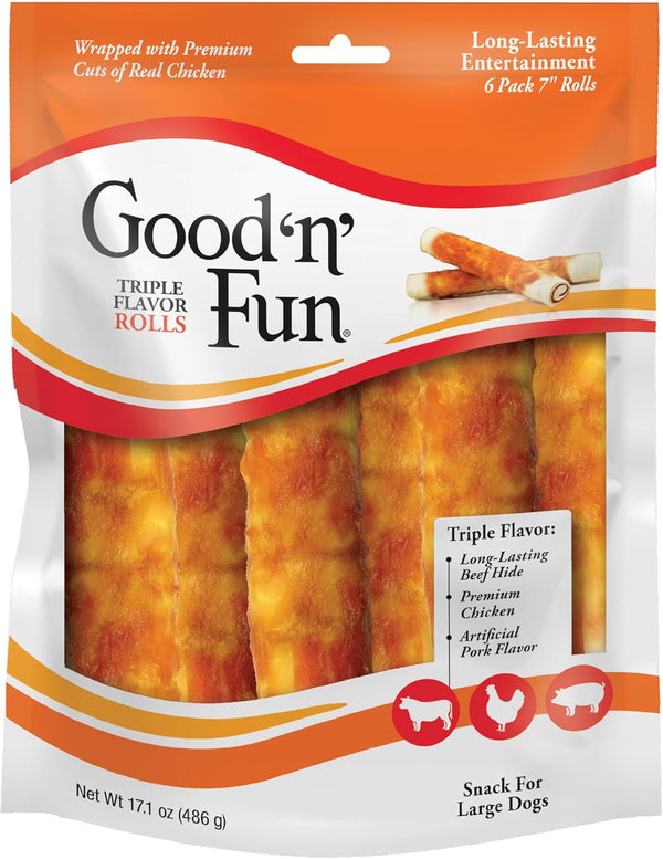 goodnfun triple flavor 7 inch rolls for dogs, 6 count, beef hide and chicken