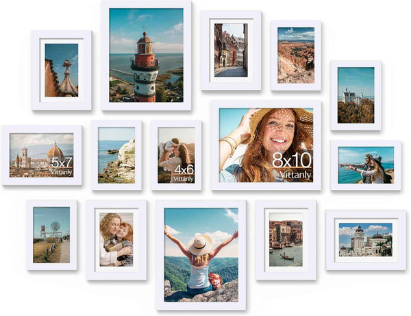 Vittanly 15 Pack Picture Frames Collage Wall Decor for Mounting or Tabletop Display, Gallery Frame Set for Family, Multi Sizes Including 3pcs 8x10, 6pcs 5x7, 6pcs 4x6, Black