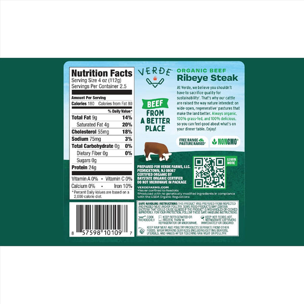Verde Farms, Beef Ribeye Steak, Organic, Grass-Fed | 0.625 lbs.
