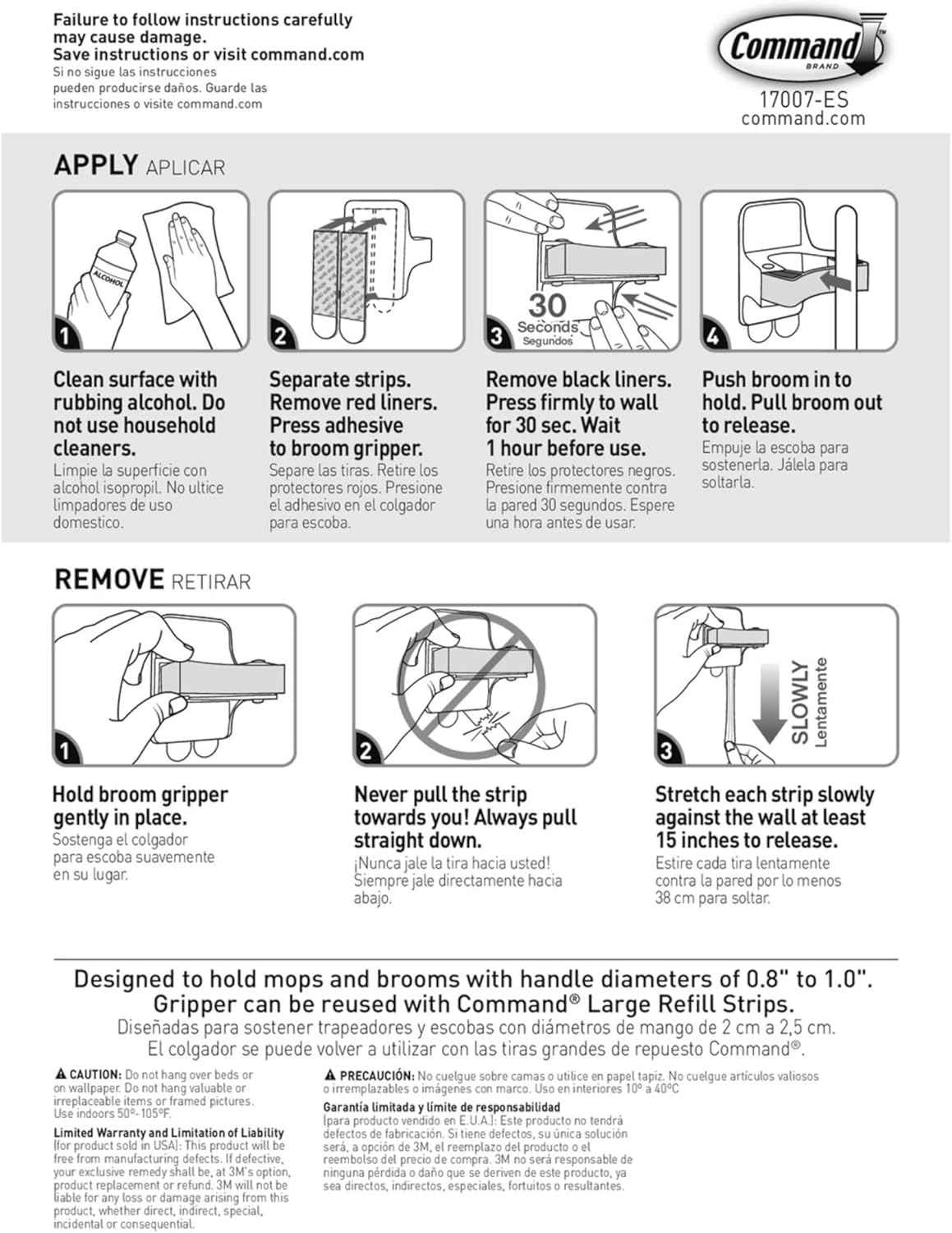 Command Broom and Mop Grippers, 2 Hangers and 4 Strips, Damage-Free Hanging Wall Mount Broom and Mop Holder, Household Cleaning Organizer for Christmas Decorations, Holds up to 4 lb