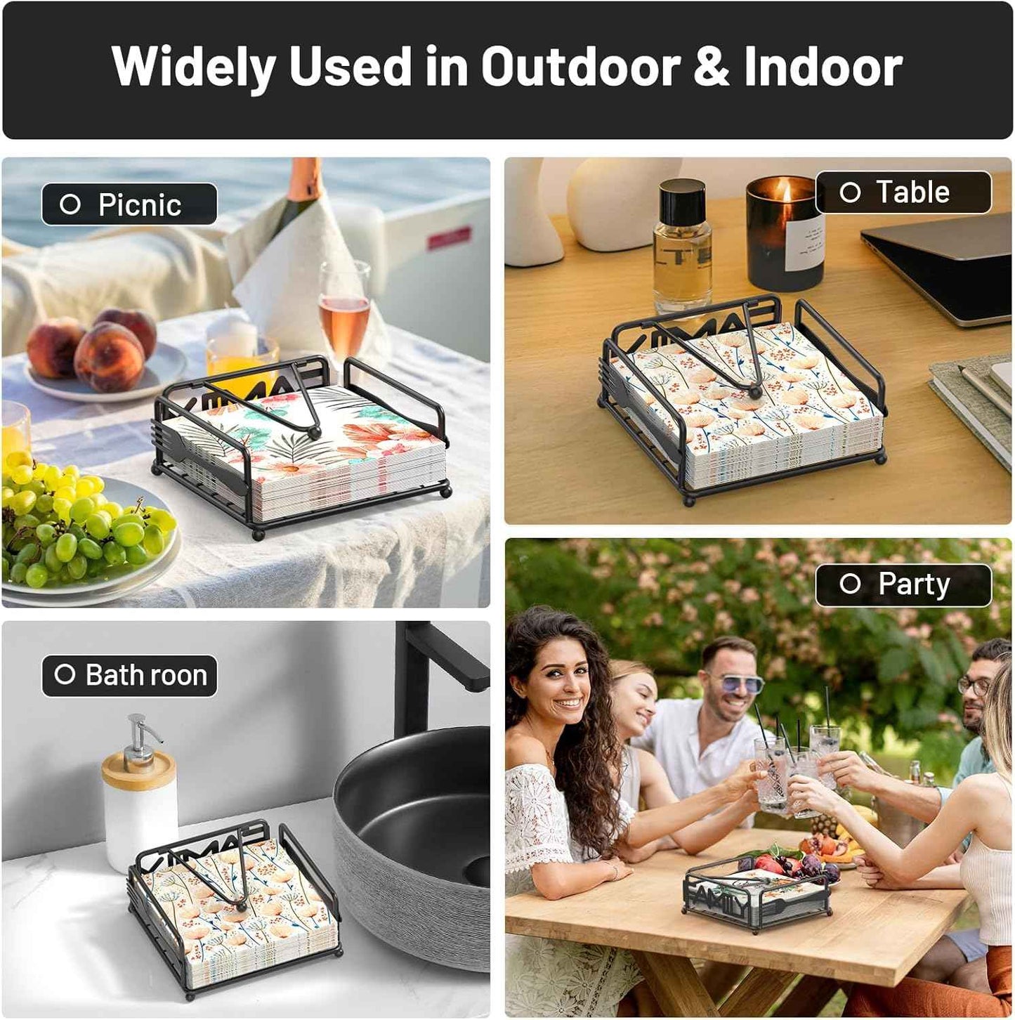 Napkin Holder for Table, Flat Napkin Dispenser with Weighted Arm, Square Cocktail Paper Holder of Elegant Rustic Iron for Kitchen Dining Room Decor Restaurant Farmhouse Hotel Party, Black