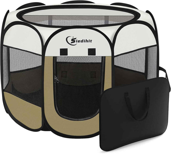 Dog Cat Playpen, Puppy Pet Playpen Indoor for Small Dogs Tent Crates Cage Outdoor, Portable Pop Up Dog Kennel Playpen with Carrying Case for Dogs/Cats/Rabbits, Removable Zipper Top, Grey