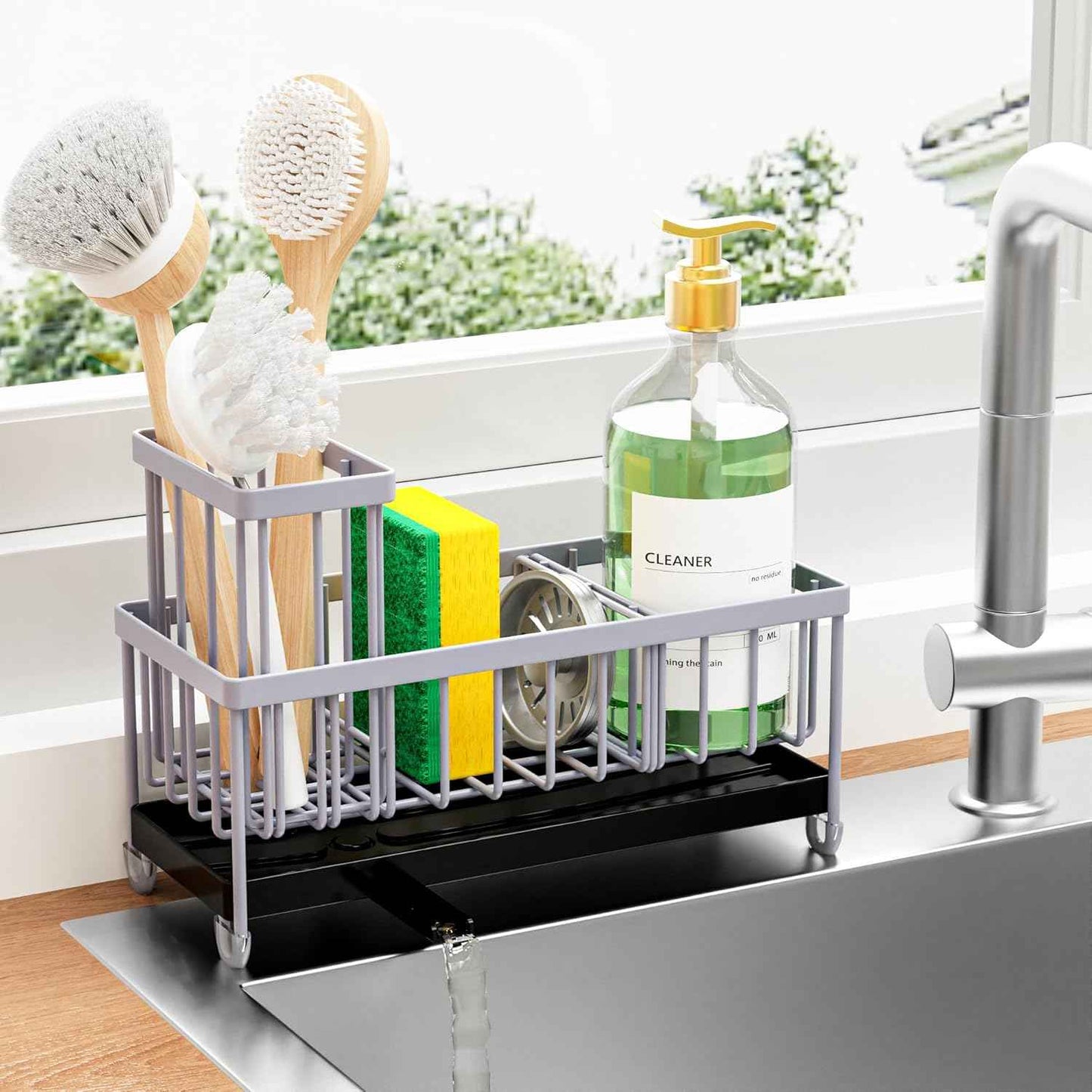 Cisily Silver Sponge Holder for Kitchen Sink, Sink Caddy Organizer with High Brush Holder, Kitchen Countertop Organizers and Storage Essentials, Rustproof 304 Stainless Steel, Soap Dispenser Organize