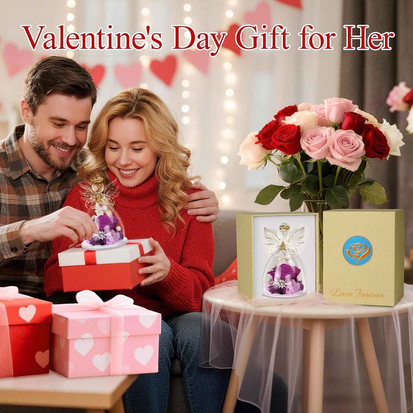 Valentines Day Rose Gifts for Her,Fresh Flowers for Delivery,Birthday Gifts for Women Mom,Preserved Flowers in Glass Angel Figurine,Angel Mothers Day Rose Gift for Mom Grandma,Purple Gift Valentines