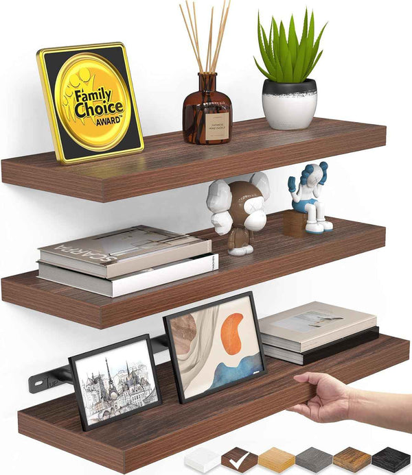 BAYKA Floating Shelves for Wall, Wall Mounted Rustic Wood Shelves for Bathroom, Bedroom, Living Room, Kitchen, Hanging Shelf for Books/Storage/Room Decor with 22lbs Capacity (Black, Set of 3, 15.7in)
