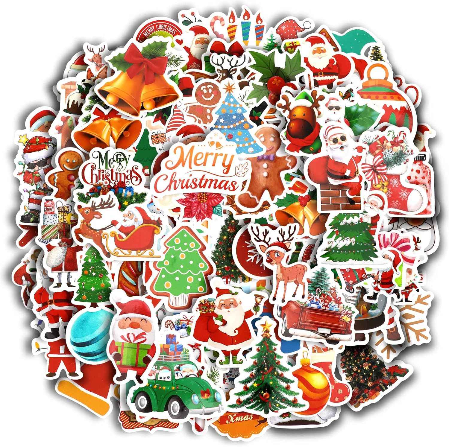 JULBEAR 200PCS Christmas Stickers, Non-Repeating Vinyl Holiday Party Stickers for Water Bottles, Cards, Scrapbooking Crafts Christmas Decorations Party Favors, Christmas Gifts for Kids Teens Adults