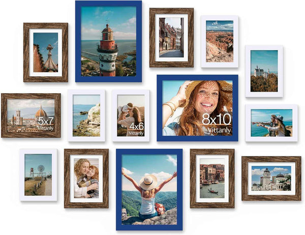Vittanly 15 Pack Picture Frames Collage Wall Decor for Mounting or Tabletop Display, Gallery Frame Set for Family, Multi Sizes Including 3pcs 8x10, 6pcs 5x7, 6pcs 4x6, Black