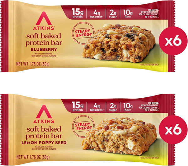 Atkins Soft Baked High Protein Bars, 12 pack, 2g sugar, 4g net carbs, 15g protein
