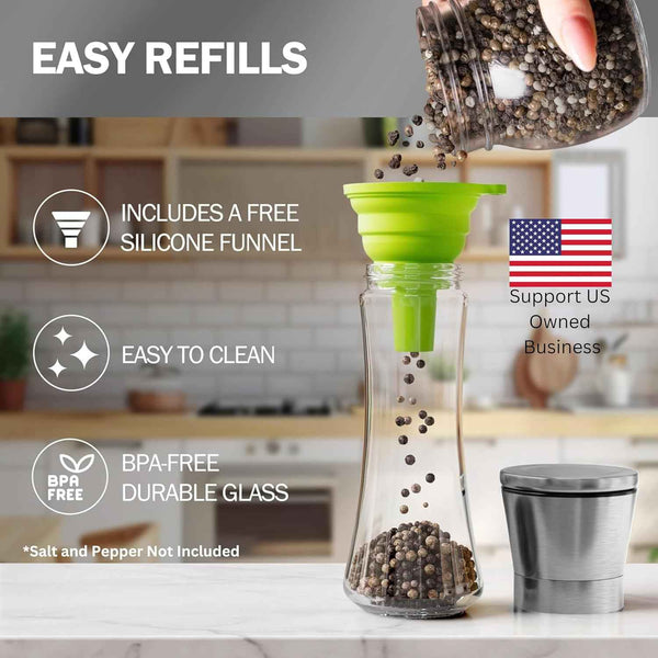 Home EC Premium Stainless Steel Sea Salt and Pepper Grinder Set - Adjustable Ceramic Mechanisms, Tall Glass Shakers, Kitchen Spice Mill with Funnel and eBook