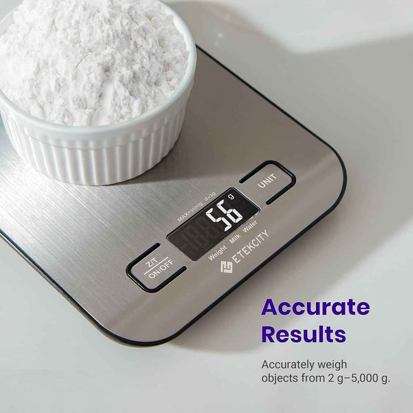 Etekcity digital kitchen scale, medium, 304 stainless steel, 11lb capacity, LCD display, grams and ounces