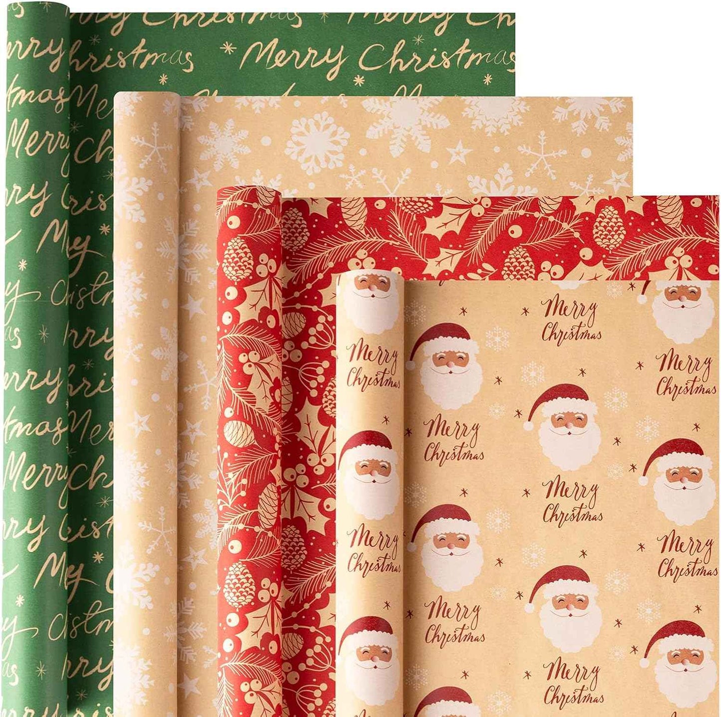 Christmas Kraft Wrapping Paper (4 Rolls, 93 sq. ft. ttl) Santa Claus, Snowflakes, Merry Christmas Script, Pinecones and Foliage Patterns for Holiday Gift Wrap - 17 Inches x 16.5 Feet Per Roll