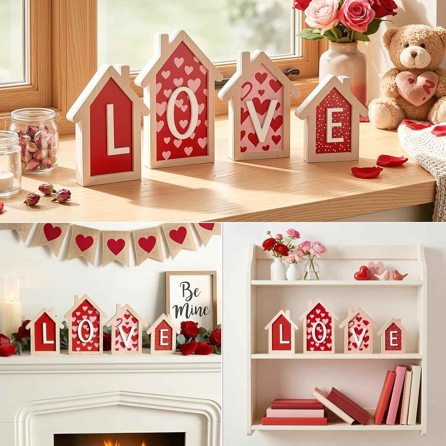 Valentines Day Decorations - 4 Pack 3D Design Wooden House Shape Sign, Valentines Day Table Decor, Valentine's Day Decorations for Home Office Tiered Tray Mantel Shelf