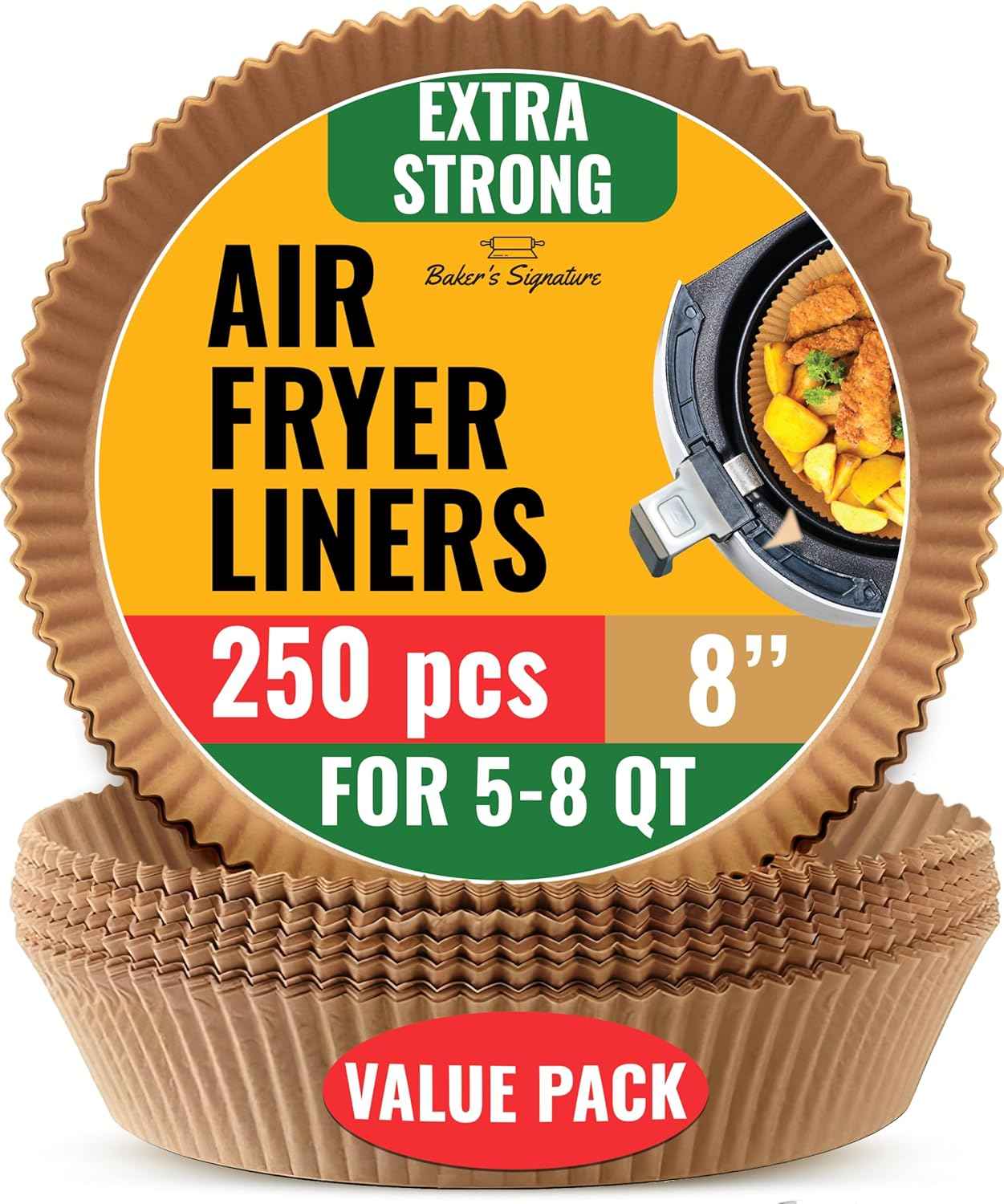 Air Fryer Paper Liners, 125Pcs Air Fryer Disposable Liners, Non-Stick and Oil Proof for Easy Cleanup, 8” Square for 5-8 qt Basket by Baker's Signature