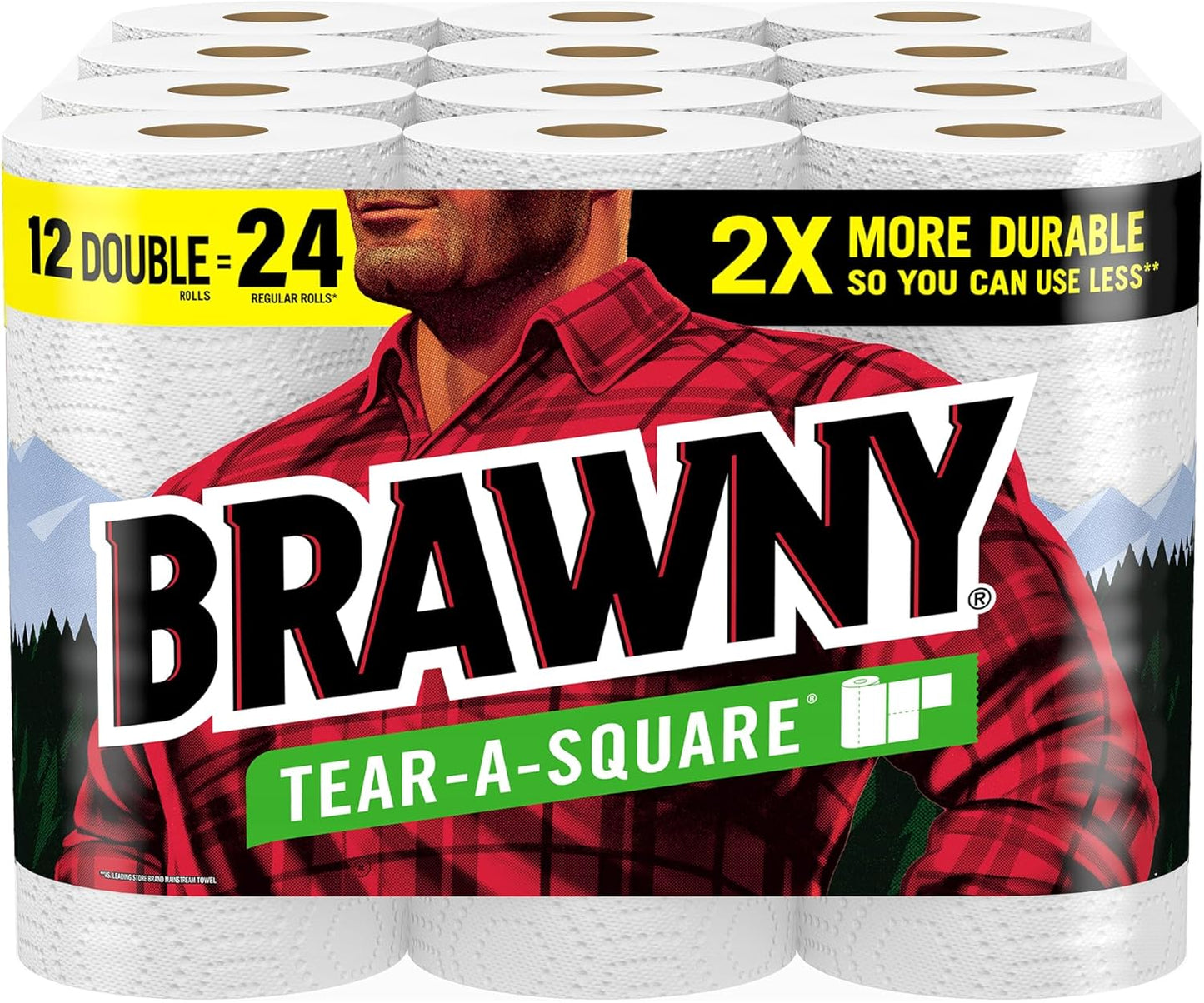 Brawny Tear-A-Square Paper Towels, 6 Double Rolls = 12 Regular Rolls, 3 Sheet Sizes (Quarter, Half, Full), Strength for All Messes, Cleanups, and Meal Prep