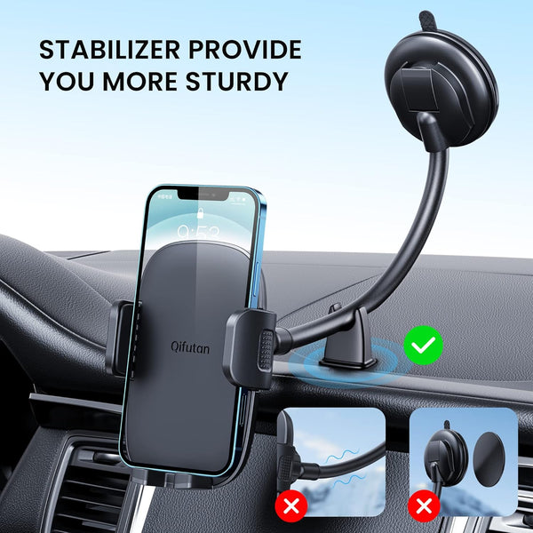 Qifutan Cell Phone Holder for Car Mount with Long Arm and Anti-Shake Stabilizer