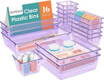 16 PCS Drawer Organizer Set, 5 Varied Size Bathroom and kitchen Drawer cabinet organizer Trays, Clear Storage Bins for Makeup, Jewelry, Utensils and Gadgets