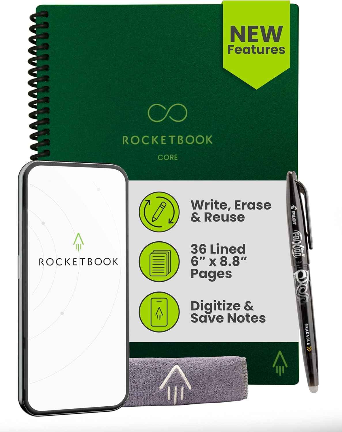 Rocketbook Core Reusable Smart Notebook, Lined Pages For School, Work and Creative Projects, Letter Size 8.5x11, Black - Premium