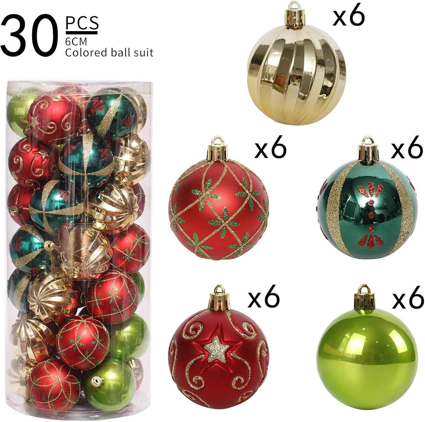 ROSELEAF 30ct 2.36" Shatterproof Christmas Tree Ornaments - Red, Green, Gold Plastic Hanging Balls - Christmas, Wedding And Engagement Occasion