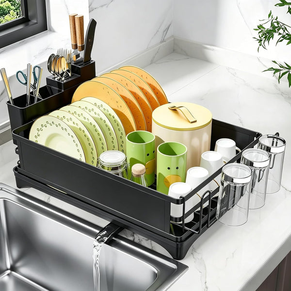 Stainless Steel Dish Rack with Cutlery Holder and Cup Holders for Kitchen Counter